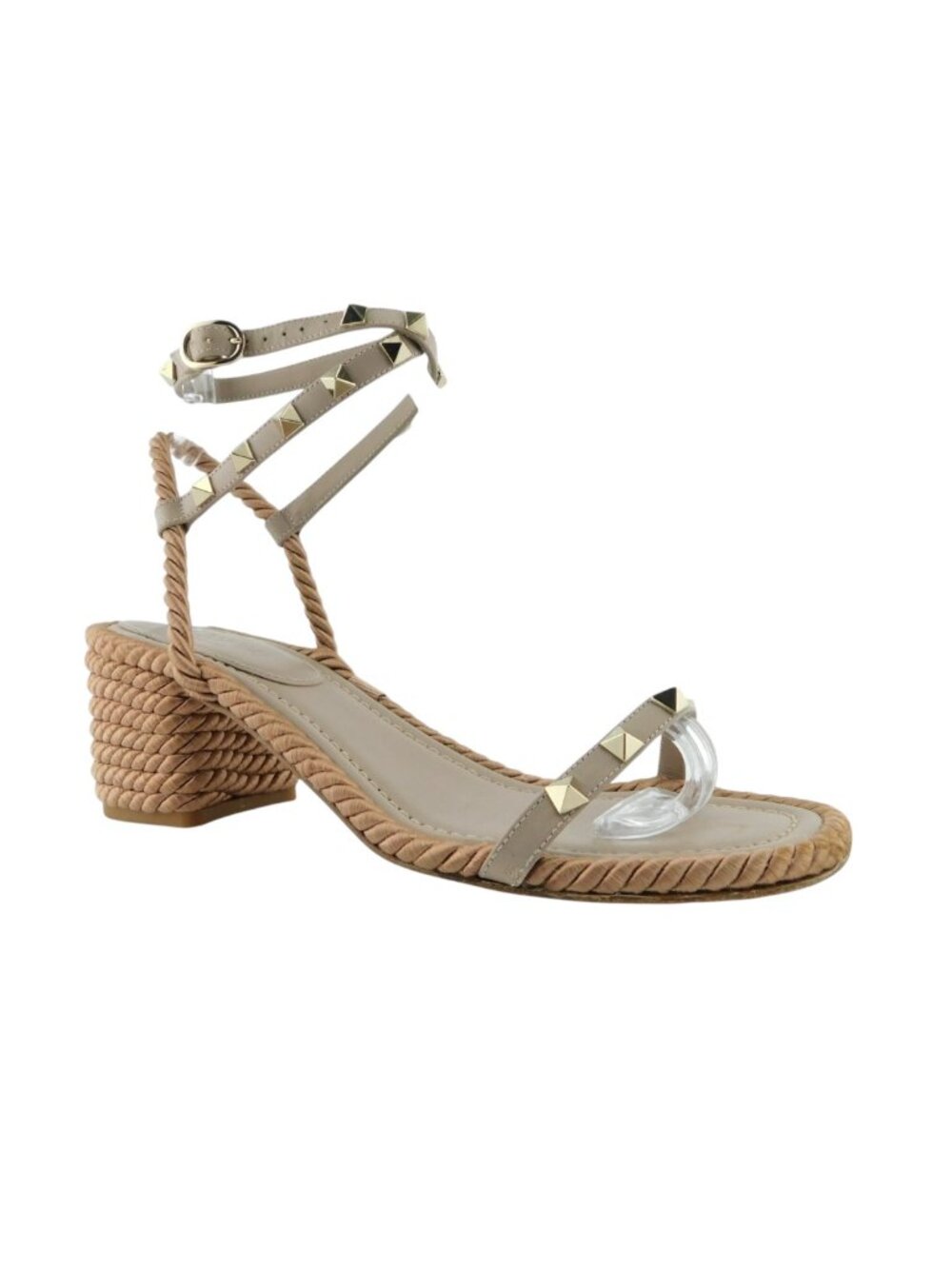 VALENTINO Rockstud Nude Leather Rope Espadrille Block Heel Sling Sandals 38